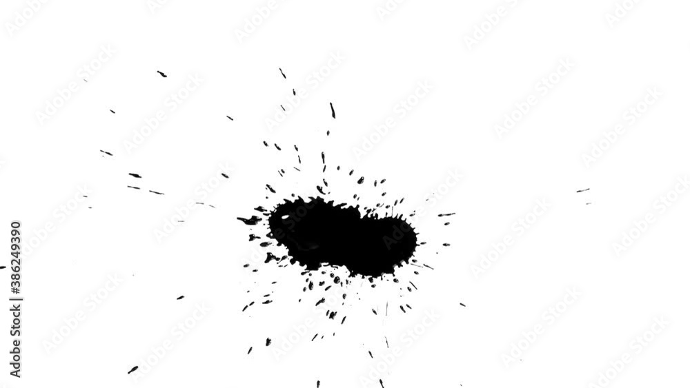 Black ink spots on a white background. Splashes and drops of black paint.