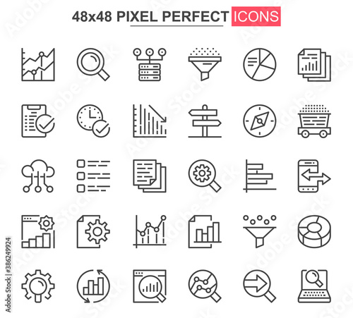 Big data analysis thin line icon set. Data processing outline pictograms for website and mobile app GUI. Digital analytics simple UI, UX vector icons. 48x48 pixel perfect pictogram pack.