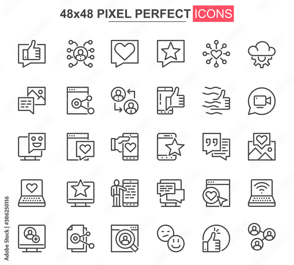 Social network thin line icon set. Online people communication outline pictograms for web and mobile app GUI. Messaging service simple UI, UX vector icons. 48x48 pixel perfect pictogram pack.