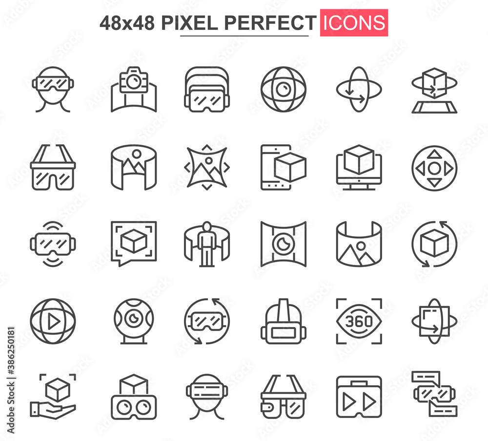 Virtual reality thin line icon set. 3d simulation and computer vision outline pictograms for web and mobile app GUI. VR technology simple UI, UX vector icons. 48x48 pixel perfect pictogram pack.