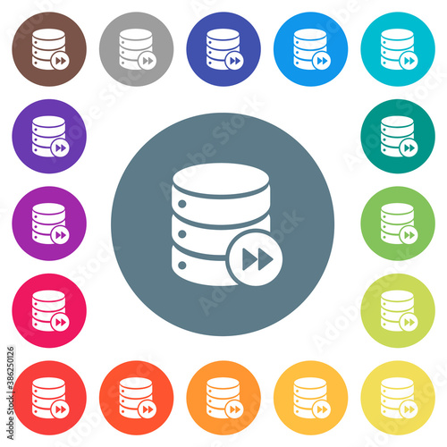 Database macro fast forward flat white icons on round color backgrounds