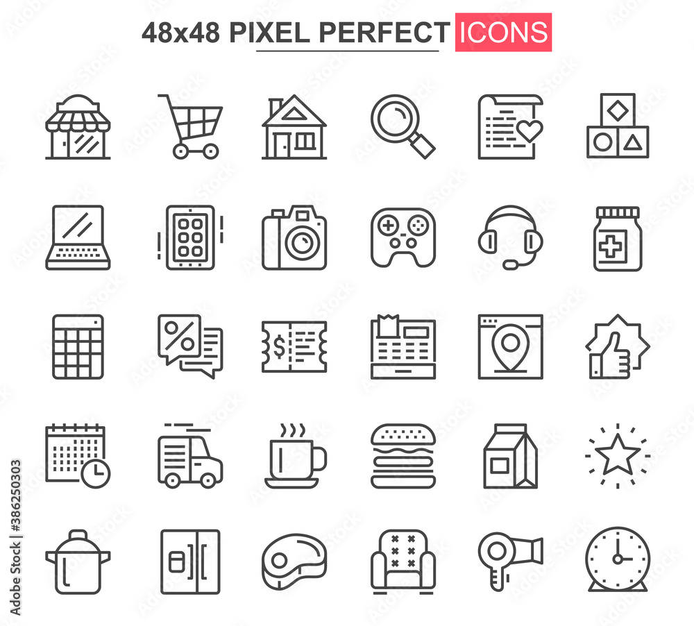 Shopping thin line icon set. Discount offer and retail sale outline pictograms for web and mobile app GUI. Supermarket shopping simple UI, UX vector icons. 48x48 pixel perfect pictogram pack.