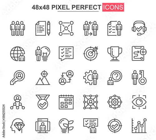 Teamwork thin line icons set. Corporate partnership and business team collaboration unique design icons. Businessman cooperation outline vector bundle. 48x48 pixel perfect linear pictogram pack.