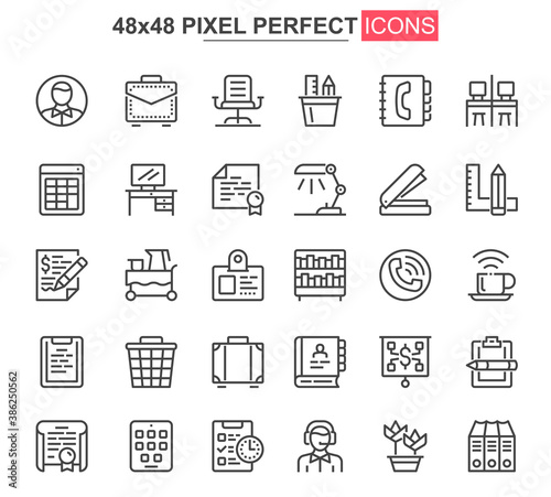 Workspace thin line icons set. Corporate workplace, coworking space unique design icons. Business workflow, corporate management outline vector bundle. 48x48 pixel perfect linear pictogram pack.