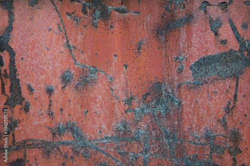 Rust steel surface with chipped paint chunks, grudge. 