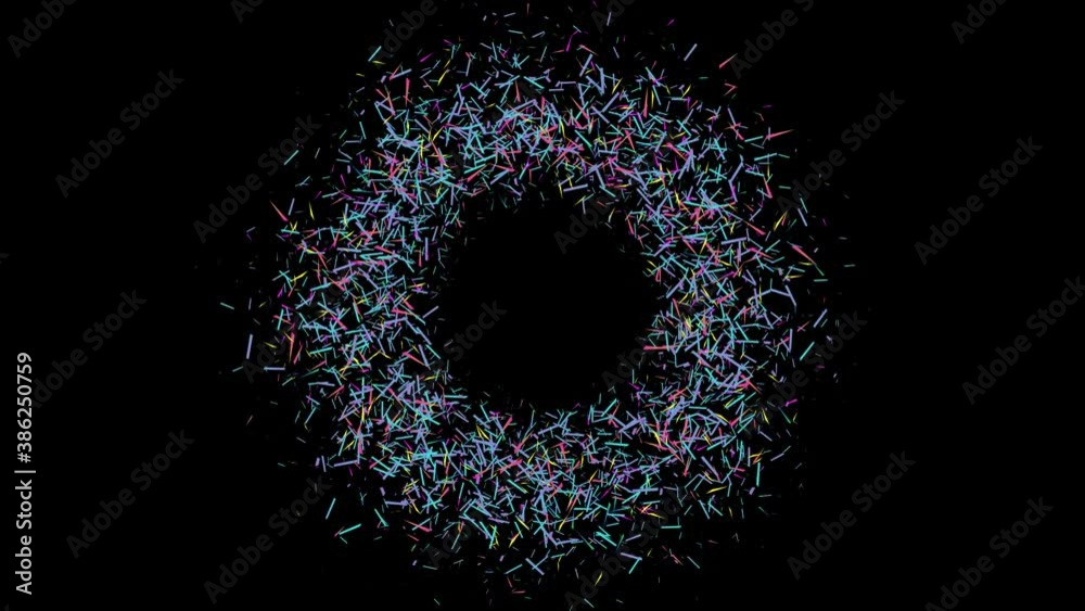 Particles animation in shape of a circle as sprite of many confetti in various colours. Particles animation in shape of a circle as sprite of many confetti in various colours.