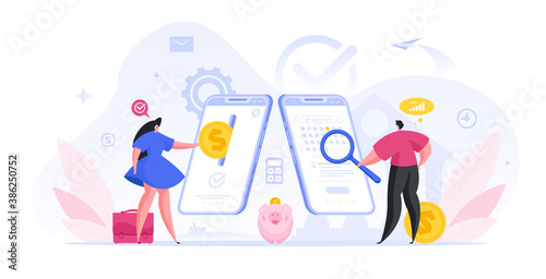 People make money investments and check term of deposit cartoon illustration