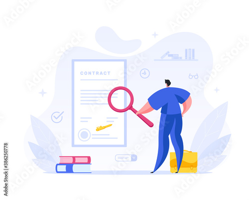 Businessman checks terms of signed contract vector concept. Male managing character scrutinizes text