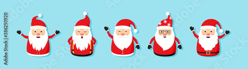 Christmas Santa Claus vector icons, cartoon character, red Santa hat, New year cute collection, holiday winter illustration on blue background