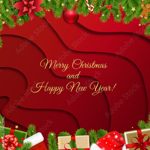 Christmas Border With Fir Tree Red Background With Gradient Mesh, Vector Illustration