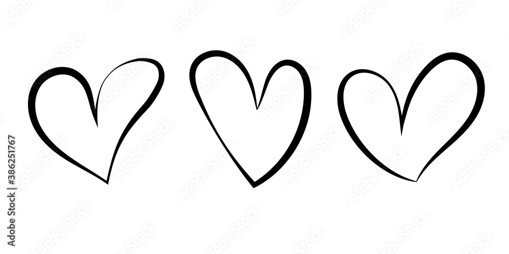 Vector set of hearts silhouette isolated on white background. Symbol of love. Hand drawn, cartoon style Vector set of hearts silhouette isolated on white background. Symbol of love. Hand drawn, cartoon style