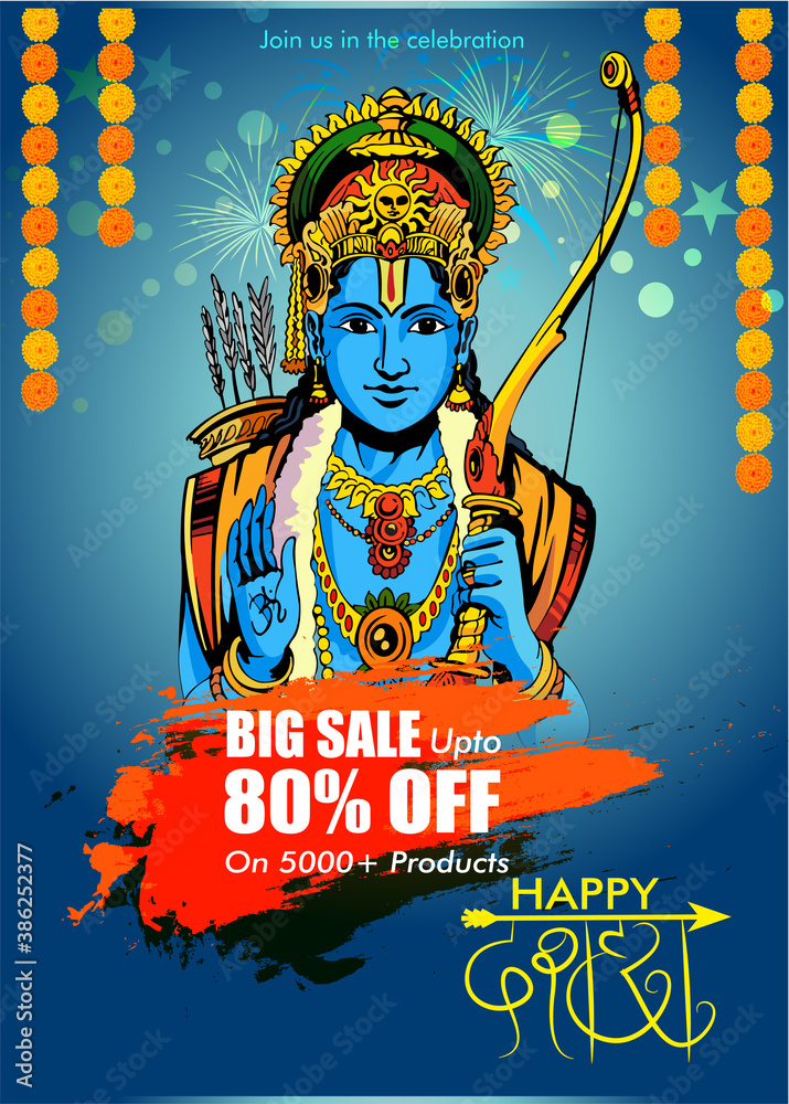 Obraz premium Greeting card with bow and illustration of Lord Rama killing Ravana in Navratri festival of India with hindi text meaning Dussehra (Hindu holiday Vijayadashami). Vector illustration.