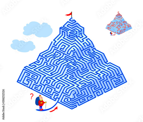 Logic puzzle game with 3D labyrinth for children and adults. Help the tourist find the way to the top of the mountain. Worksheet for kids brain teaser book. IQ test. Play online.