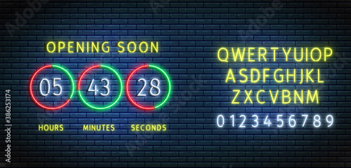 Neon Countdown timer. clock counter with font. Opening soon board. Vector. Illuminated hours, minutes and seconds in circles. Glowing digital count down on brick wall. Led illustration.