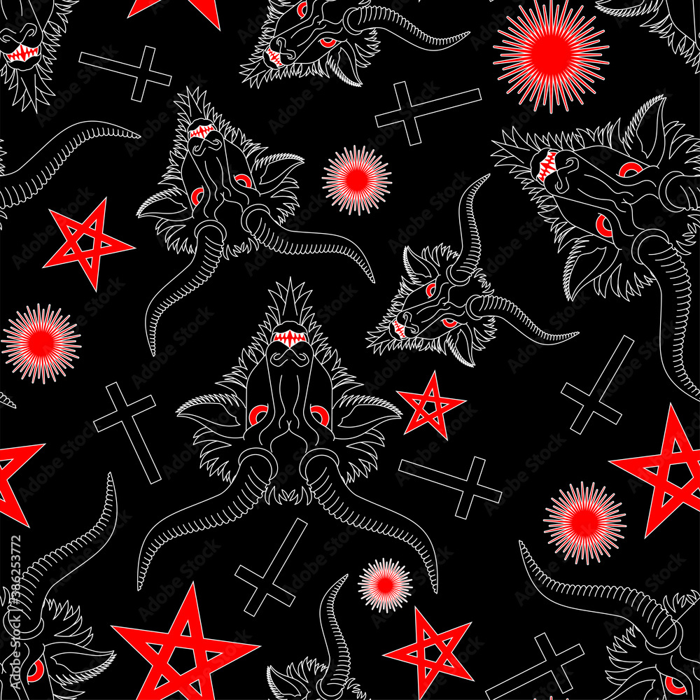 Baphomet Demon pattern seamless. Satanic background. Satan with goat