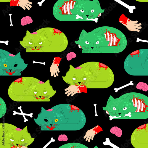 Zombie cat pattern seamless. Pet zombi background. Kitten revived dead texture. kitty Green monster ornament