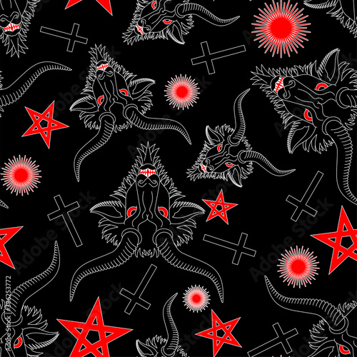 Baphomet Demon pattern seamless. Satanic background. Satan with goat head ornament. Devil symbol pentagram texture