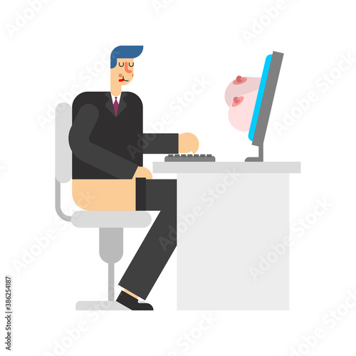 Masturbator in Computer. Guy looks at pornography while sitting on computer chair. tosser vector illustration