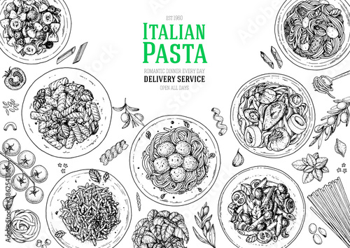 Italian Pasta frame. Hand drawn vector illustration. Italian Pasta top view. Food design template. Farfalle, Penne and Spaghetti illustration. Classic italian cuisine. Engraved style. NEW 2020