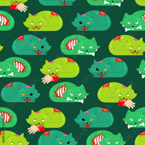 Zombie cat pattern seamless. Pet zombi background. Kitten revived dead texture. kitty Green monster ornament