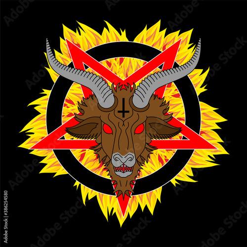 Baphomet Demon. Satanic symbol. Satan with goat head. Devil symbol pentagram.