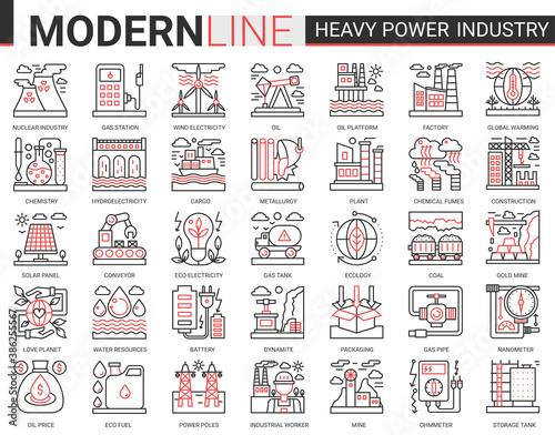 Heavy power industry complex concept thin red black line icon vector set with outline infographic industrial manufacturing symbols of metallurgy, chemical plant and factory, electricity production
