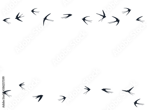 Flying swallow birds silhouettes vector illustration. Migratory martlets school isolated on white. 