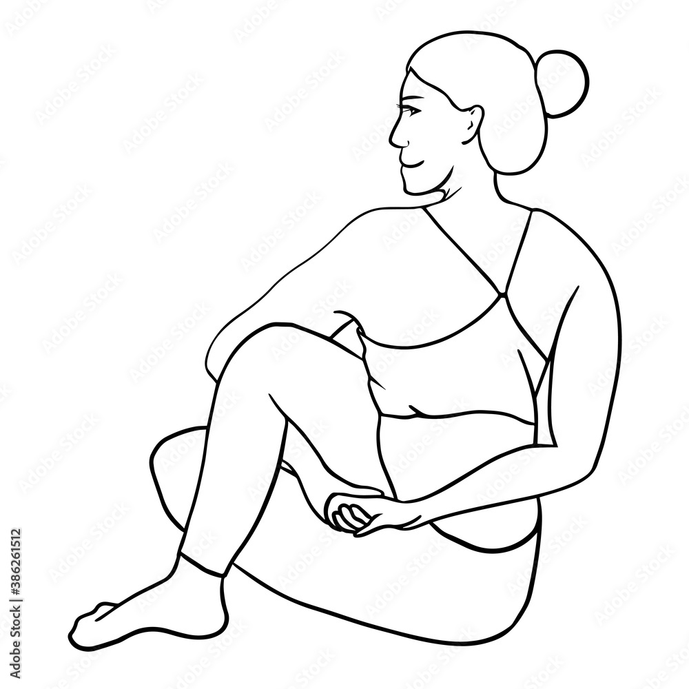 Woman practicing yoga is sitting in Ardha Matsyendrasana variation, twisting and balancing. Young tall lady, legs crossed, arms in chain locked. Smiling beautiful positive female person Caucasian