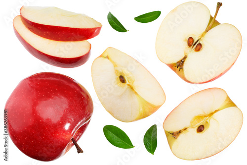Wallpaper Mural red apples with slices and green leaves isolated on a white background. top view Torontodigital.ca