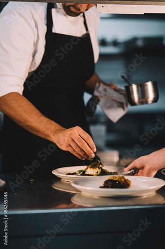 Close-up of a male chef decorating food in ceramic dishes over stainless steel worktop in restaurant kitchen.