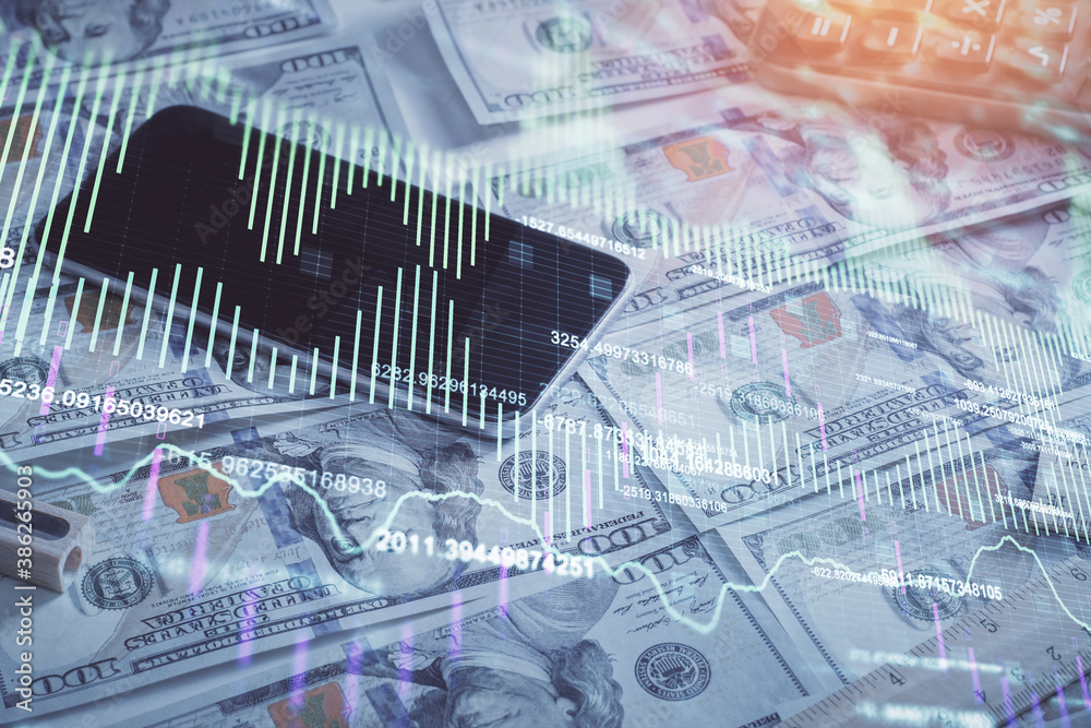 Double exposure of forex graph drawing over us dollars bill background. Concept of financial markets. Double exposure of forex graph drawing over us dollars bill background. Concept of financial markets.