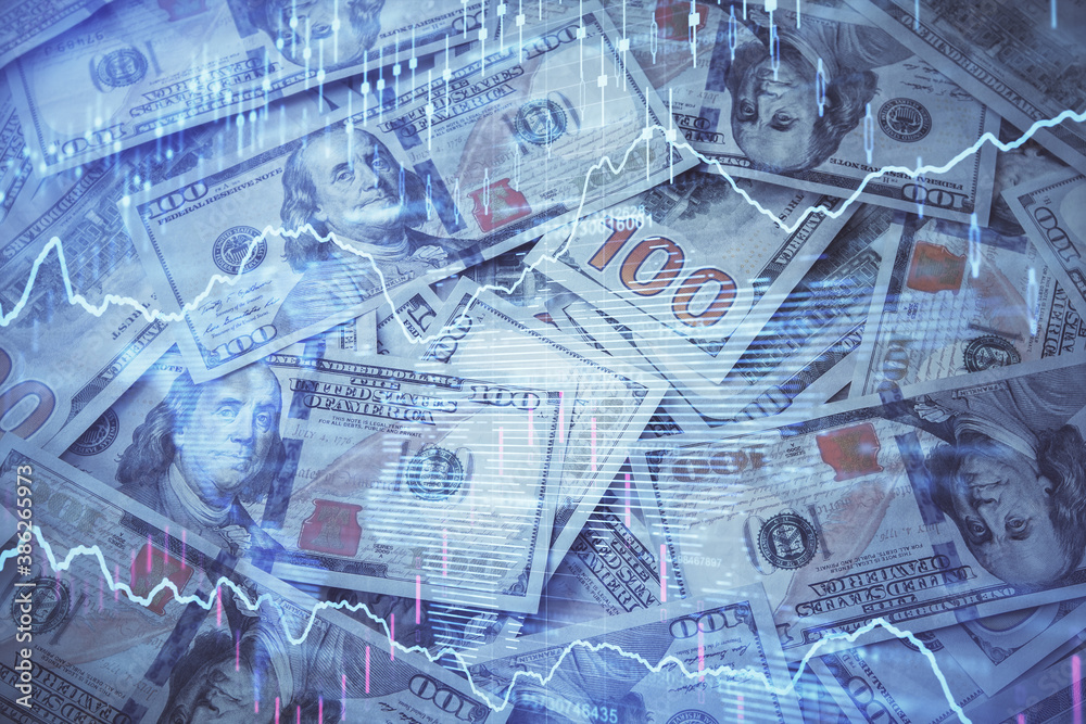 Double exposure of forex graph drawing over us dollars bill background. Concept of financial markets. Double exposure of forex graph drawing over us dollars bill background. Concept of financial markets.