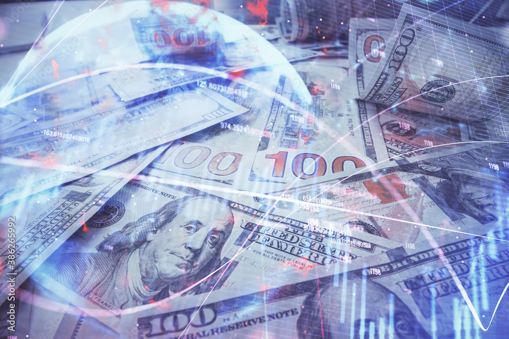 Multi exposure of forex chart drawing over us dollars bill background. Concept of financial success markets. Multi exposure of forex chart drawing over us dollars bill background. Concept of financial success markets.