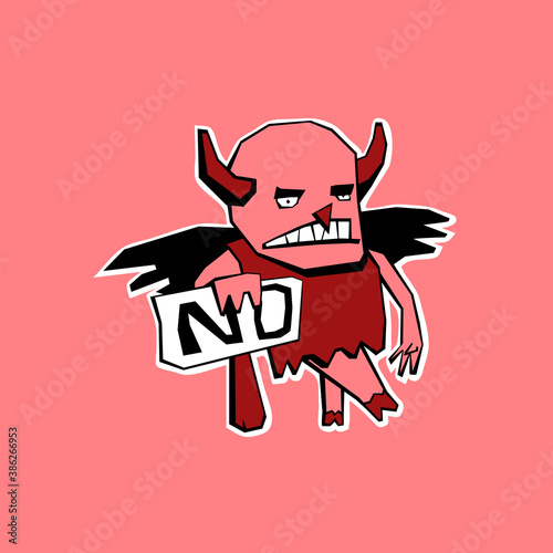angry little devil with a sign saying NO. Funny vector character.