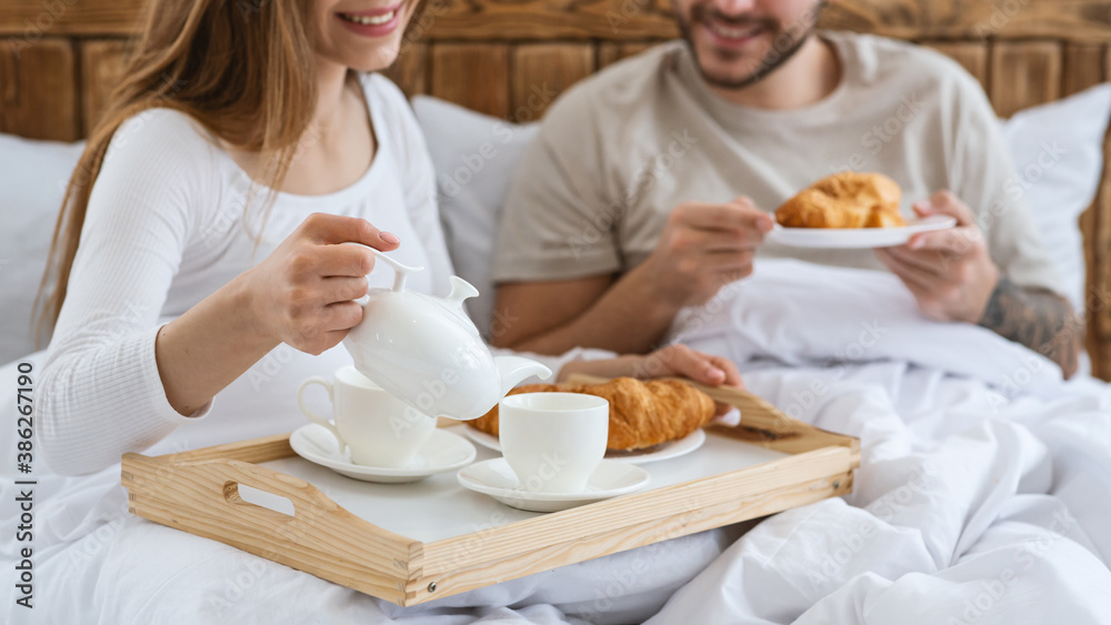 Romantic breakfast at home or hotel in bed for two during quarantine or honeymoon Romantic breakfast at home or hotel in bed for two during quarantine or honeymoon