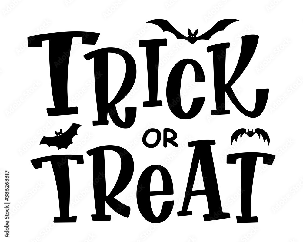 Trick or Treat text banner. Halloween phrase. Isolated test with bats