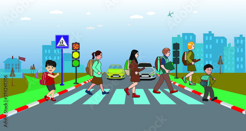 children crossing the pedestrian crossing. teaching children pedestrian safety. road rules. traffic rules. school crossings. Traffic signs. footbridge. overpass. underpass. traffic education