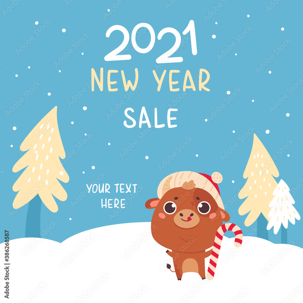 Fototapeta premium Cute cartoon ox with the Christmas tree. Design for greeting cards, advertising, banners, prints. Xmas card. Merry Christmas and Happy new year 2021. Vector colorfull illustration.
