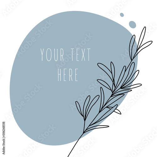 Abstract line art leaf. Rosemary contour drawing. Minimal art leaf on abstract shapes backgroud. Modern minimal black and white botanical illustration. Background template with space for text.