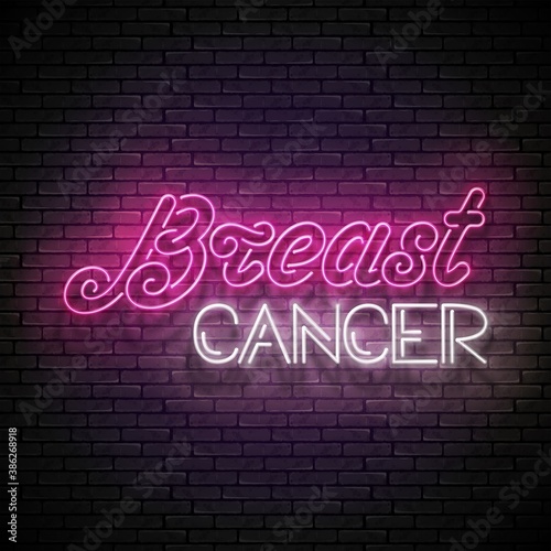 Vintage Glow Signboard with Breast Cancer Inscription. Awareness Month. Neon Light Flyer, Banner, Postcard, Invitation. Brick Wall. Vector 3d Illustration