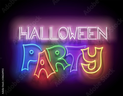Glow Greeting Card with Halloween Night Party Inscription. Neon Light Lettering. Shiny Template Poster, Banner, Invitation. Glossy Background. Vector 3d Illustration