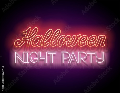 Glow Greeting Card with Halloween Night Party Inscription. Neon Light Lettering. Shiny Template Poster, Banner, Invitation. Glossy Background. Vector 3d Illustration