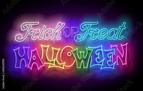 Glow Greeting Card with Halloween Trick or Treat Inscription. Neon Light Lettering. Shiny Template Poster, Banner, Invitation. Glossy Background. Vector 3d Illustration