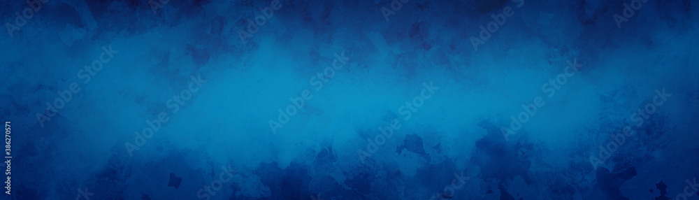 Blue background concept with grungy pattern painted in grunge texture border design, abstract distressed panoramic banner with blank bright center - obrazy, fototapety, plakaty 