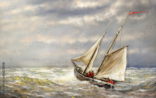 Old ship in the sea. Digital oil paintings landscape. Fine art.	