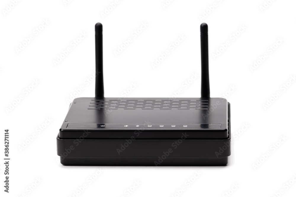 black wifi router device isolated on a white background. online and internet communication hardware black wifi router device isolated on a white background. online and internet communication hardware