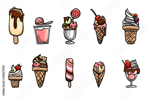 Set of Ice Creams. Various frozen dessert that's favorite. Made by cream, milk, chocolate, strawberry and vanilla flavors.