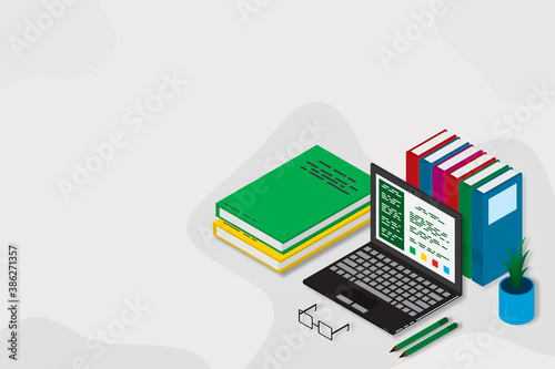 Online education, training, courses, e-learning , distance learning, exam preparation, home schooling. Web banner background. Workplace with laptop, books, pencil.