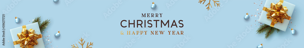 Christmas banner. Background Xmas design of realistic gifts box, decorative pine branches, blue ball, golden snowflake. Horizontal Christmas header for website template, flat top view. Happy New Year - obrazy, fototapety, plakaty 