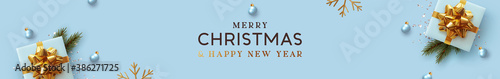 Christmas banner. Background Xmas design of realistic gifts box, decorative pine branches, blue ball, golden snowflake. Horizontal Christmas header for website template, flat top view. Happy New Year